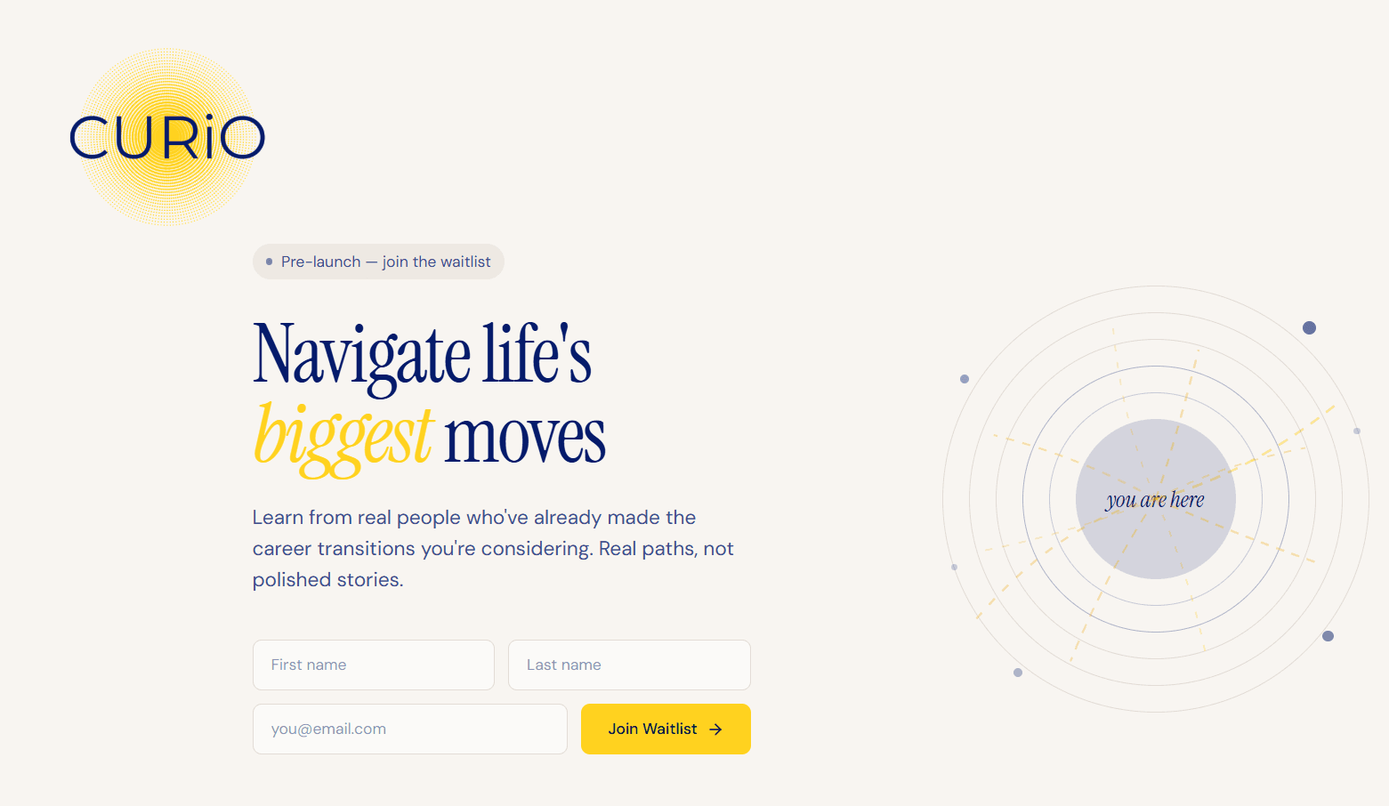 Curio Journey landing page for career navigation waitlist