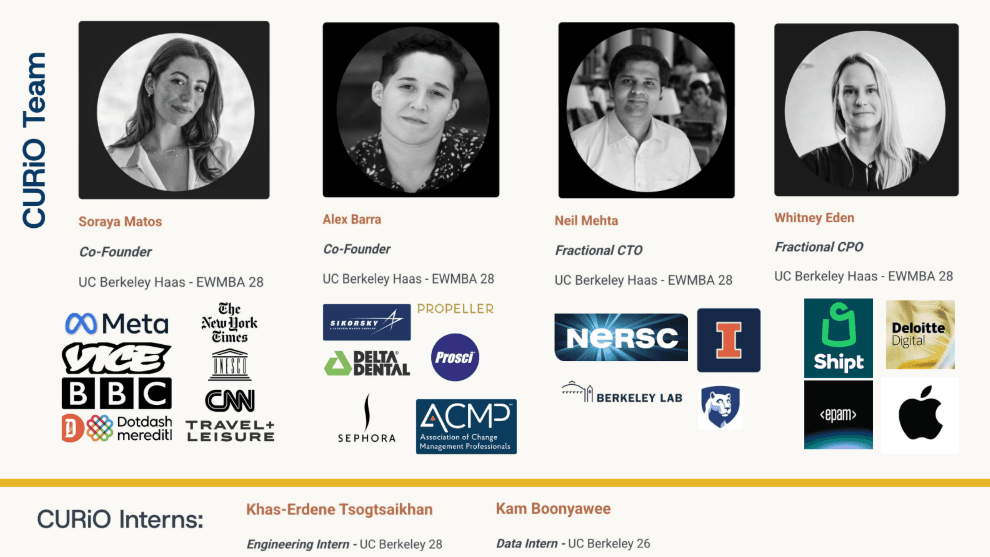 Curio team slide with founder and intern roles