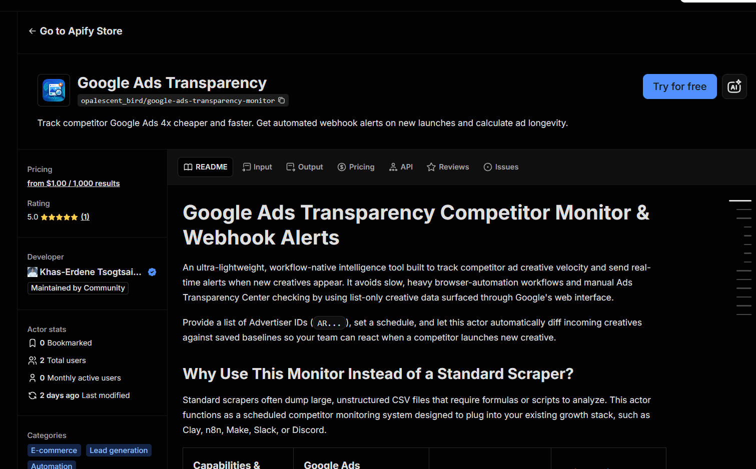 Apify actor page for Google Ads Transparency Monitor
