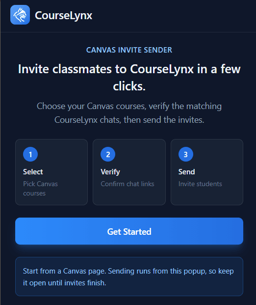 CourseLynx Canvas invite sender extension flow